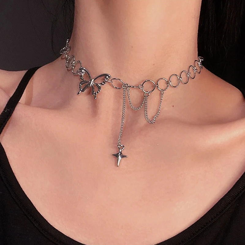 

Punk Butterfly Choker Necklace for Women Silver Color Thick Chain Pendant Necklace Statement Jewelry Chocker Collier Femme