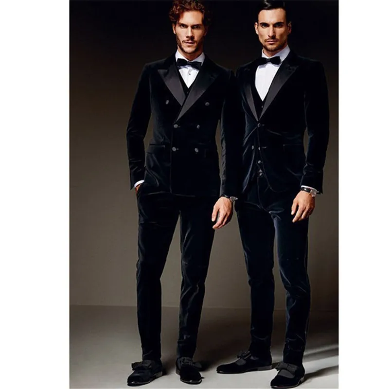 

Mens Suits (Jacket+Pants+vest) Fashionable Double Breasted Bespoke Mens Velvet Wedding Groom Tuxedo Groomsman Best Man terno