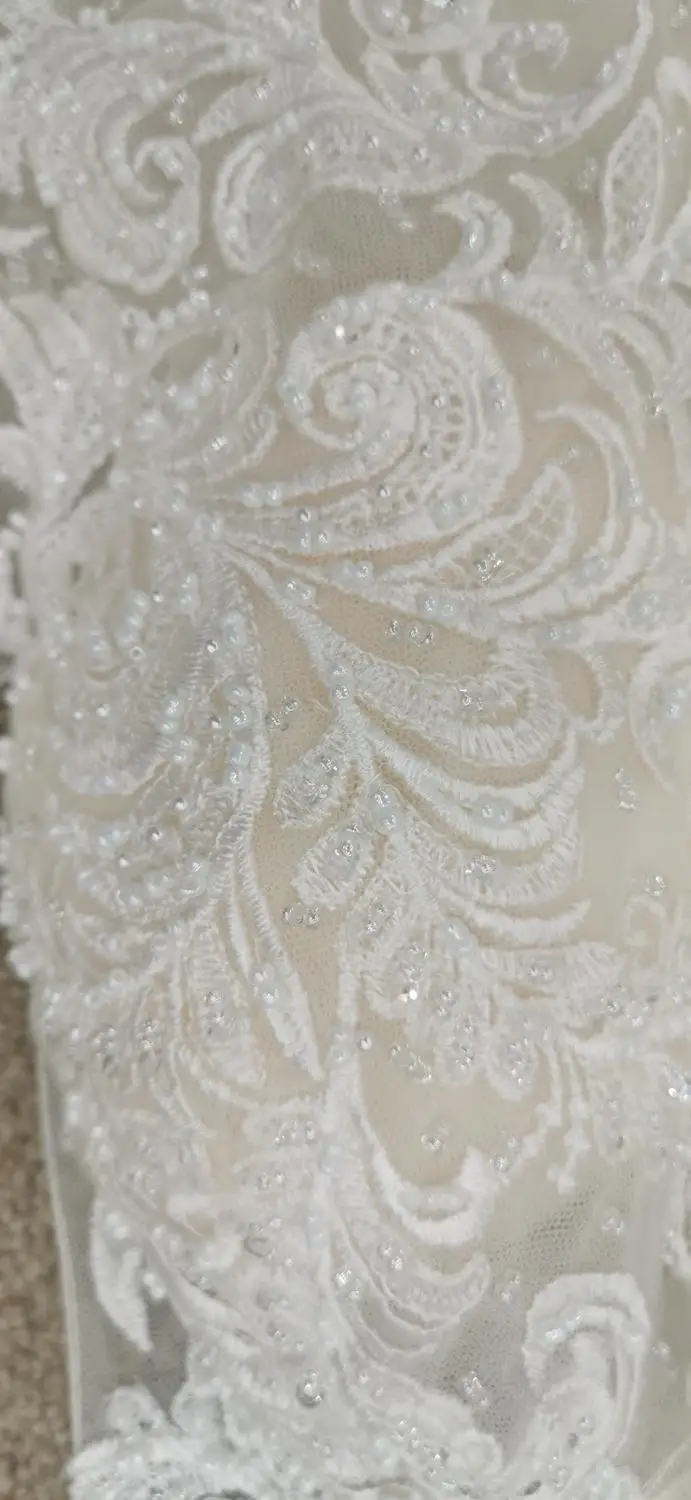 

Real Photos By FANWEIMEI Light Champagne Long Sleeve V-Neck Lace Shiny Fabric Illusion Wedding Dress Bride Gown