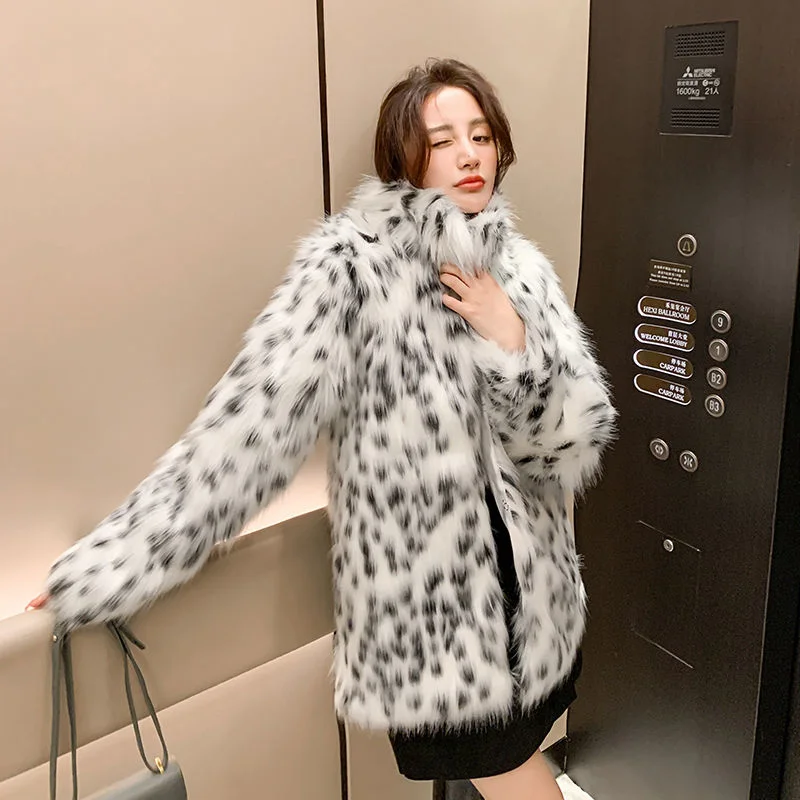 Imitation Fur Coat Women Winter New Korean Loose Lapel Leopard Print Medium And Long Faux Fur Jacket Fashion Celebrities Outwear