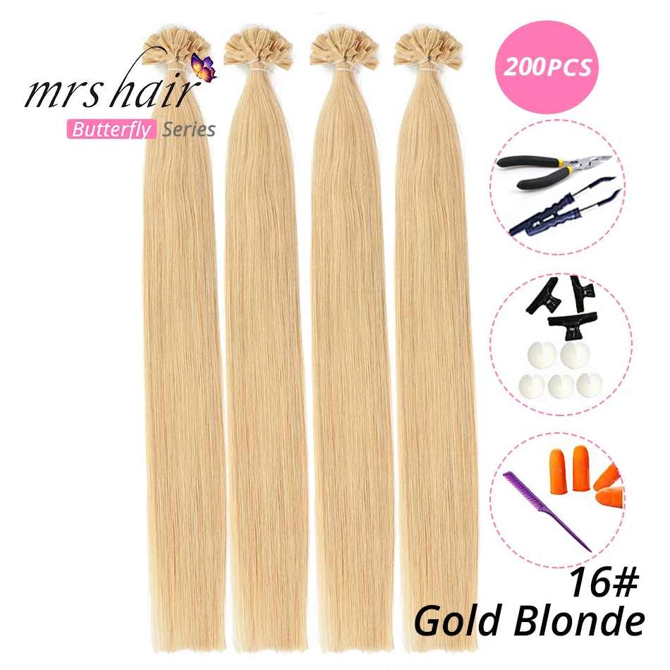 MRS HAIR, 1 г/шт., 14 дюймов, 16 дюймов, 20 дюймов, 24 дюйма, накладные волосы, прямые волосы Remy Nail, кератиновые человеческие волосы, 50 шт - Цвет: KUT16-200