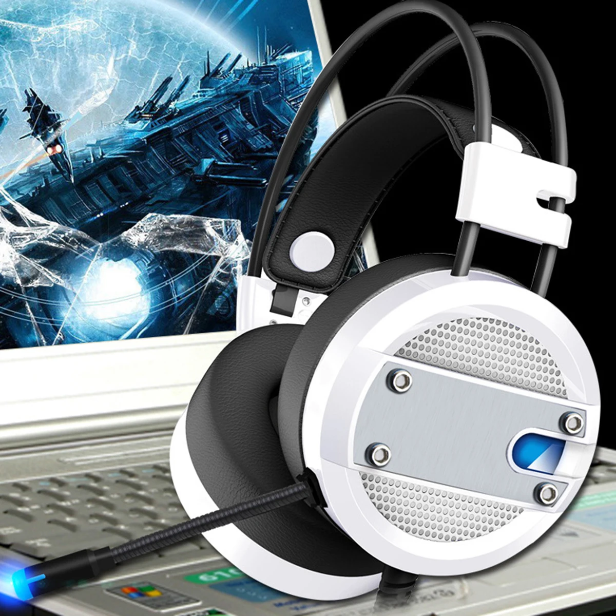 

New USB + 2x 3.5mm Gaming Headset with Noise Reduction Mic Over Ear Headset Support Light Volume Control 4D Sound Effect