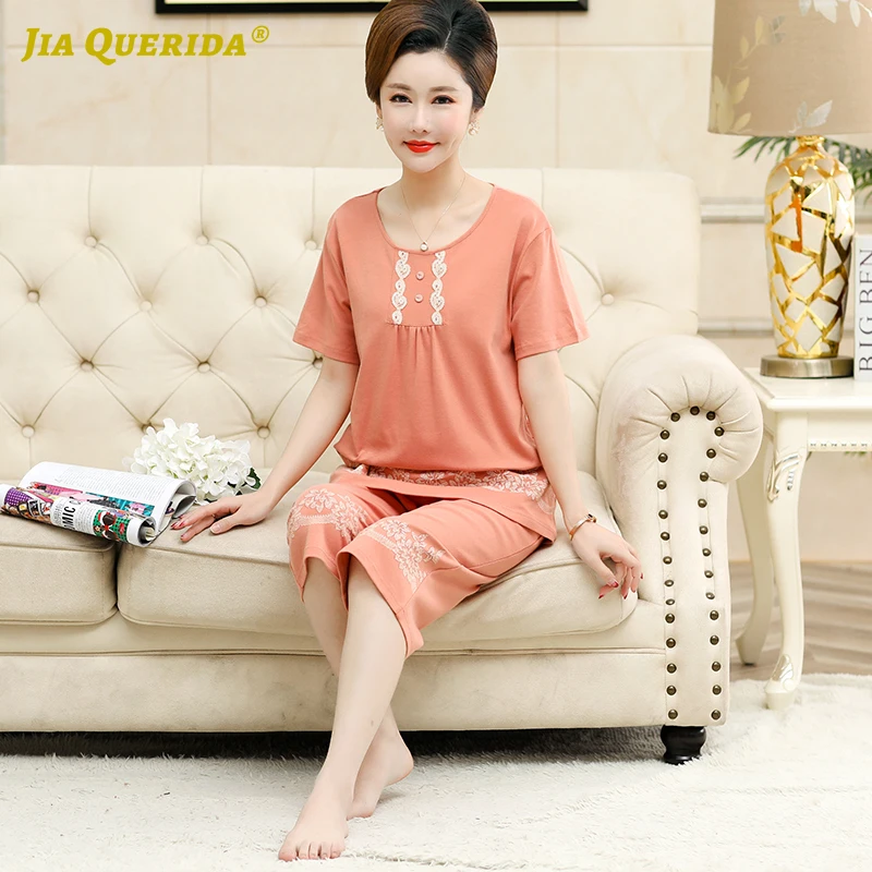 Оранжевые летние шорты Женский пижамный комплект с круглым вырезом Хлопковые