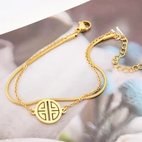 fashionable hollowed out fortune round plaque fine wrist decoration bracelet vintage snake bone double layer chain jewelry