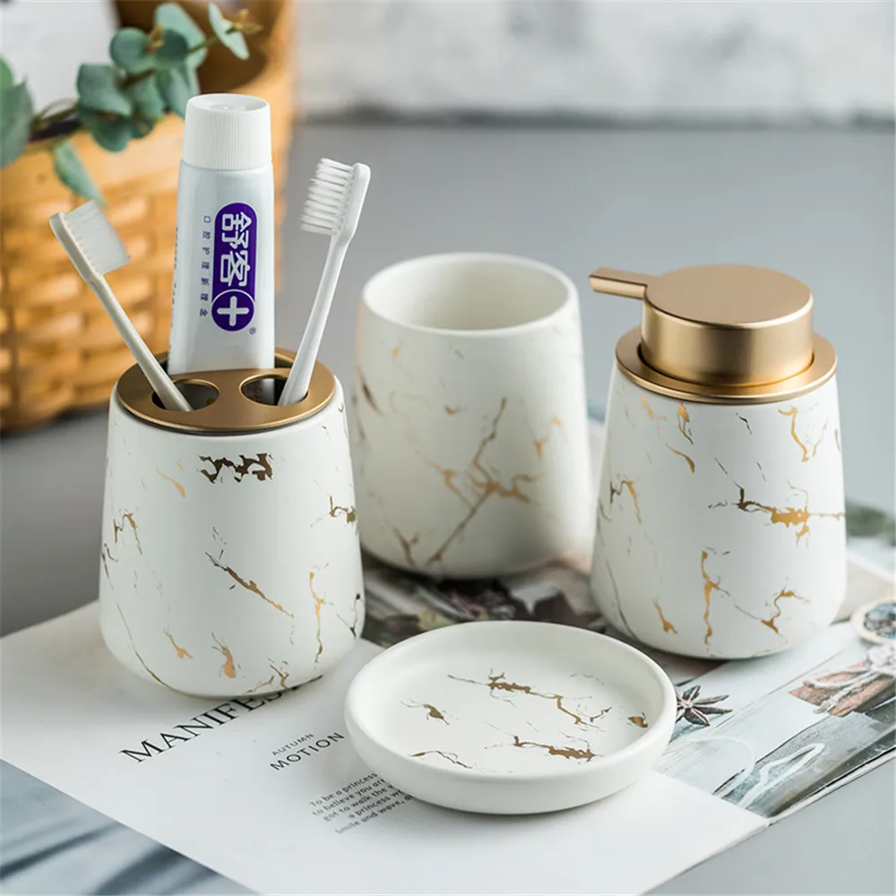 

Bathroom Wash Set Home Ceramic Soap Dispenser Mouthwash Cup Soap Dish Toothbrush Holder Chic Marbled Pattern Bath Accessory Suit