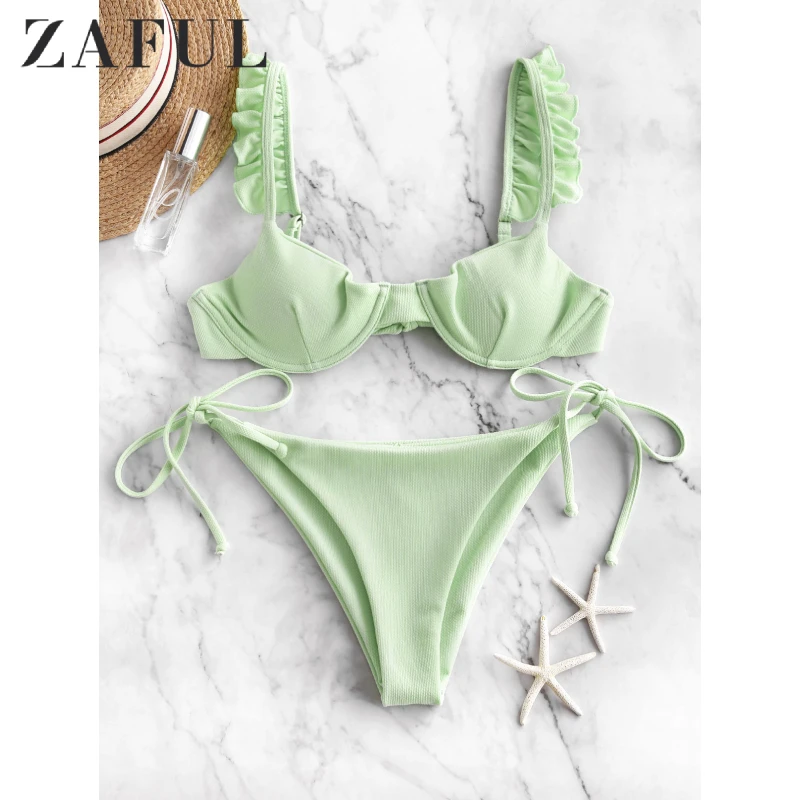 

ZAFUL Beachwear Frilled Textured Sexy Bikini Set Women Padded Bra Tie Side Two-Piece Swimsuit Push Up Bathing Suit Summer Beach