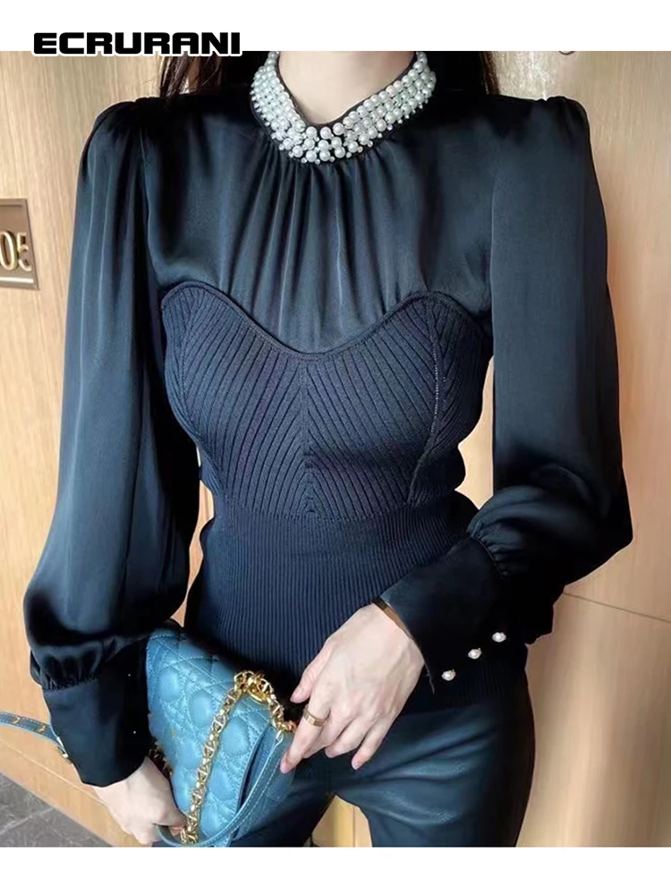 

ECRURANI Black Casual Minimalist Shirts For Women Round Neck Long Sleeve Fold Pleated Elegant Blouses Females 2021 Autumn Style