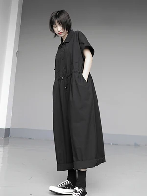 Summer new style lapel simple Japanese waist show thin loose casual uniform nine-minute jumpsuit culottes men and women