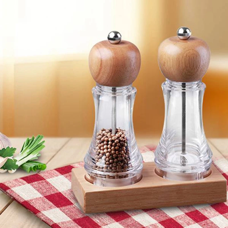 

2PCS Wooden Salt and Pepper Grinder Set - Wood and Acrylic Mills, Adjustable Coarseness Pepper Grinder