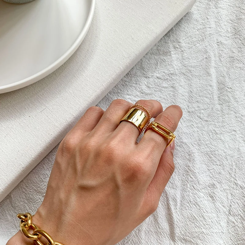 Трендовые золотые металлические гладкие кольца для женщин бусы цепочка широкое