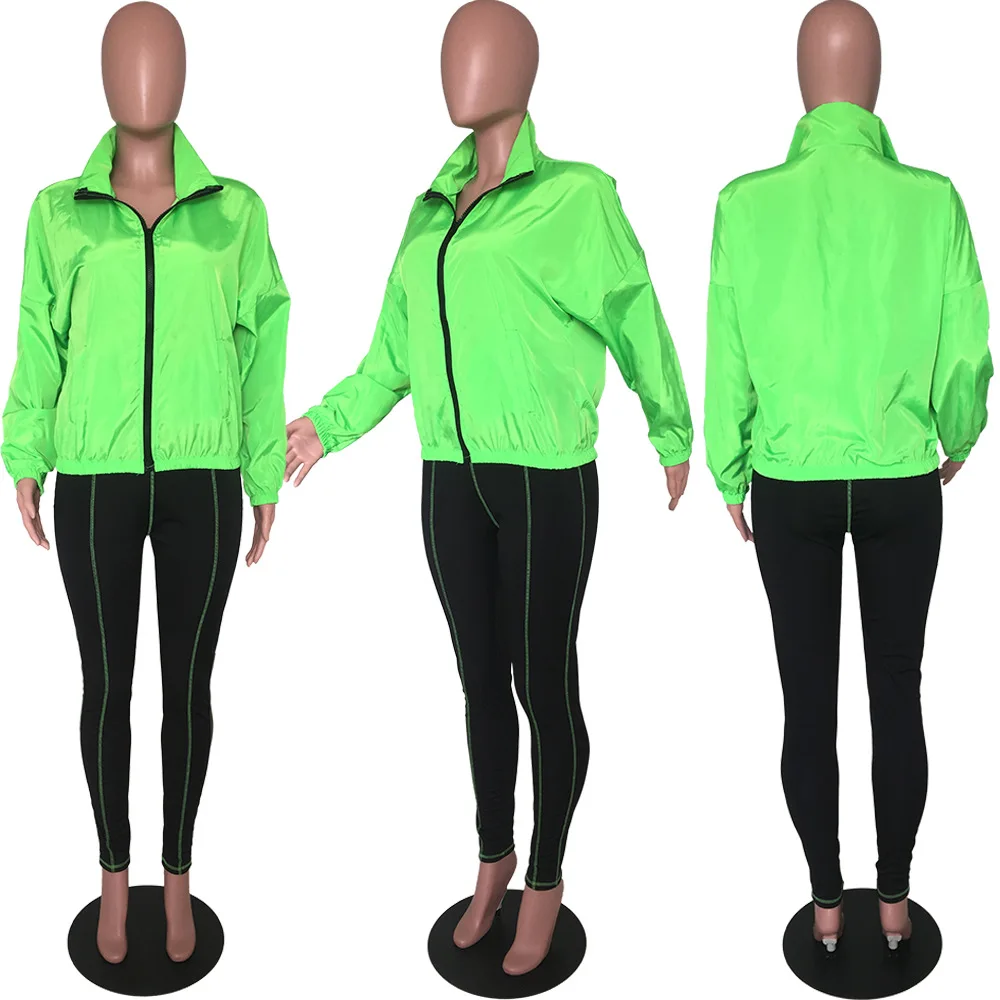 Adogirl флуоресцентный зеленый женский спортивный костюм Athleisure комплект из двух предметов со стоячим воротником куртка с длинными рукавами пальто узкие брюки спортивная одежда
