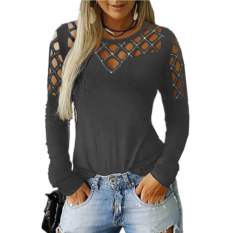 

Bling Bling Diamonds Autumn Winter Casual Sexy Ladies Long Sleeve Hollow Out T-shirt Women Autumn Knitted Shirt Top O-neck