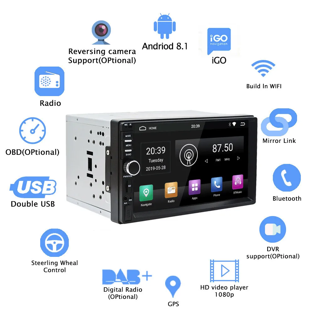 Автомобильный мультимедийный плеер MirrorLink 7 дюймов 2Din Android 9 0 стерео GPS навигация