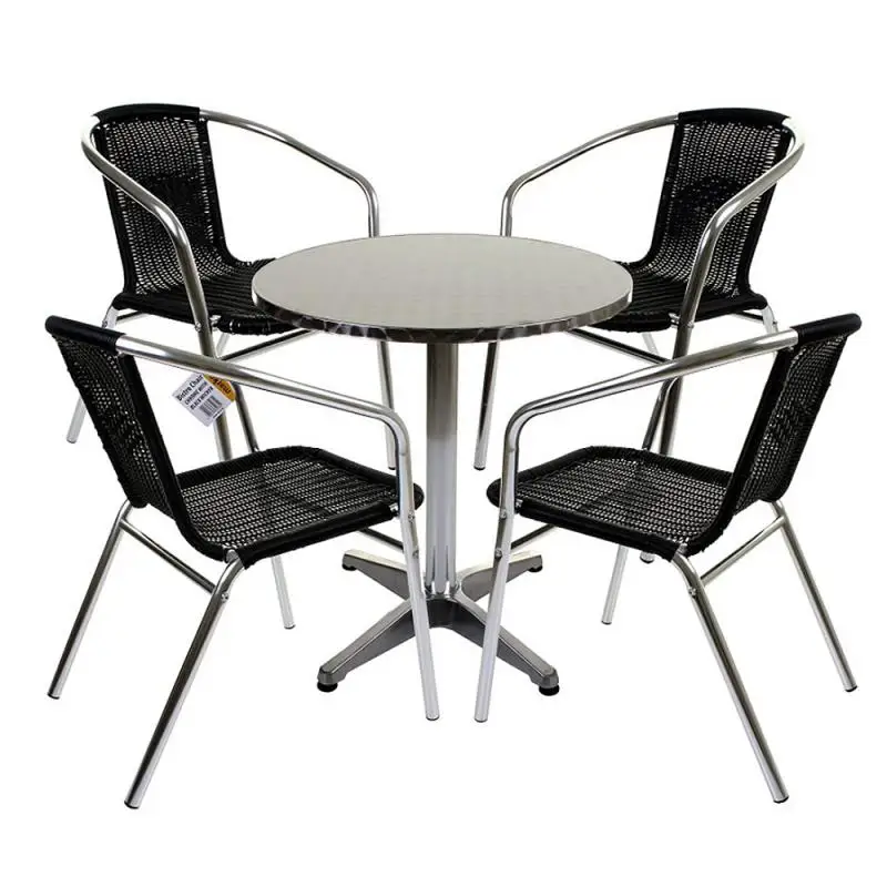 

Height-adjustable Stainless Steel Round Aluminum Dining Table And Four Aluminum Alloy Double Armrests Stack Table Chairs HWC