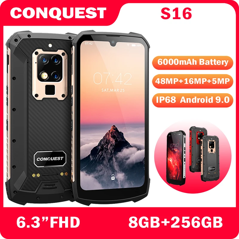 CONQUEST S16 IP68 прочный мобильный телефон 6 3 &quot8 ГБ + 256 Octa Core 48MP Android 9 инфракрасный пульт