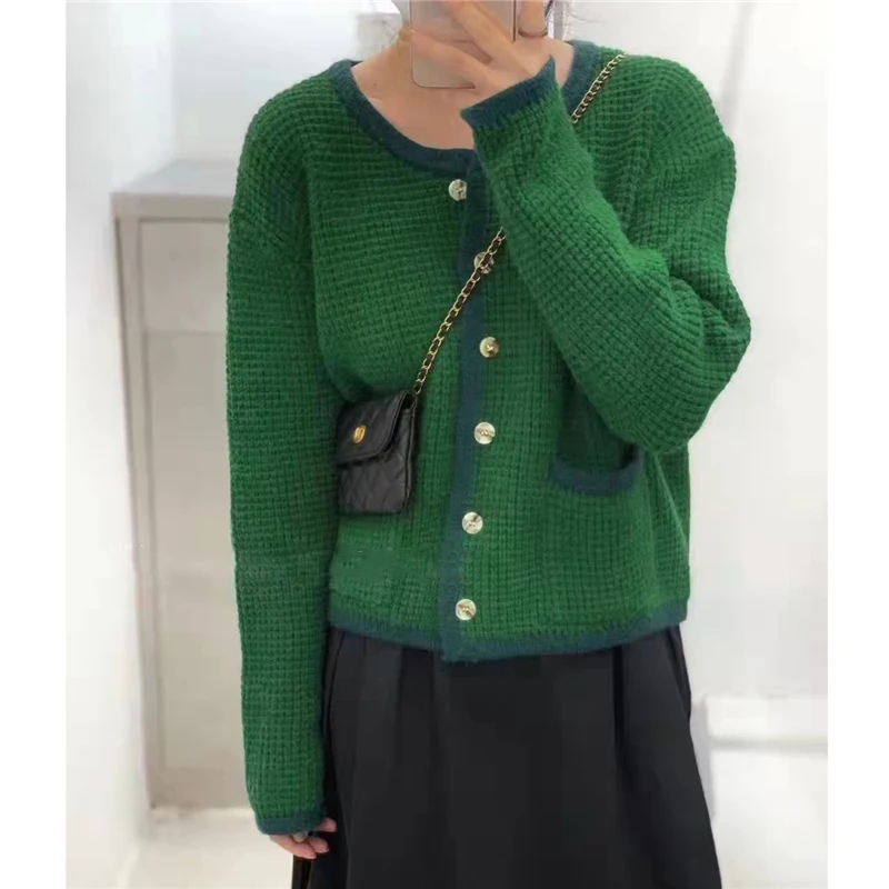 

Limiguyue Women Knitting Cardigans Korean Autumn Waffle Single Breasted Long Sleeved Coat Hit Color Vintage Tops Winter K3854