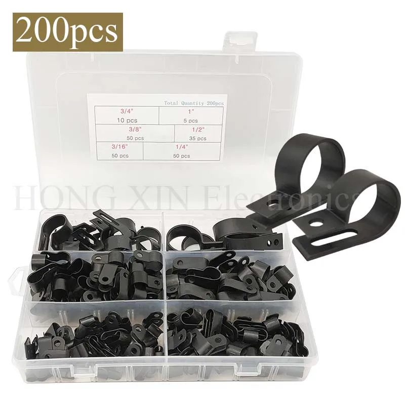 

200Pcs R-Type P-Type Cable Clamps Plastic Nylon Wire Clip Assortment Kit Hardware Tools Cable Clamp Black Hose Fasteners
