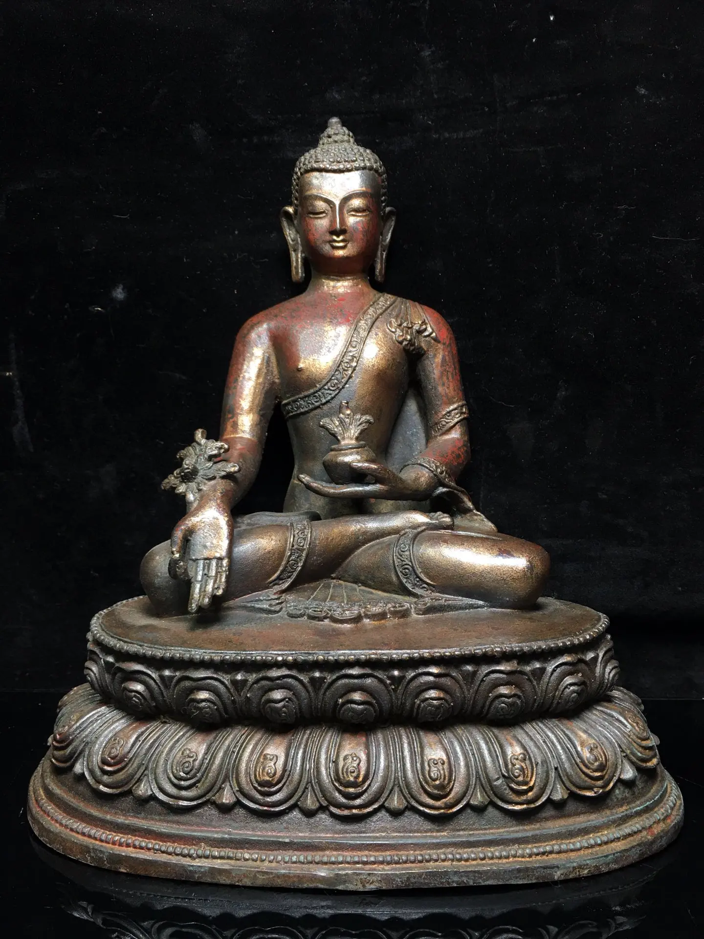 

11"Tibet Buddhism Old Bronze Cinnabar Lacquer Medicine Buddha Shakyamuni Buddha Statue Enshrine the Buddha