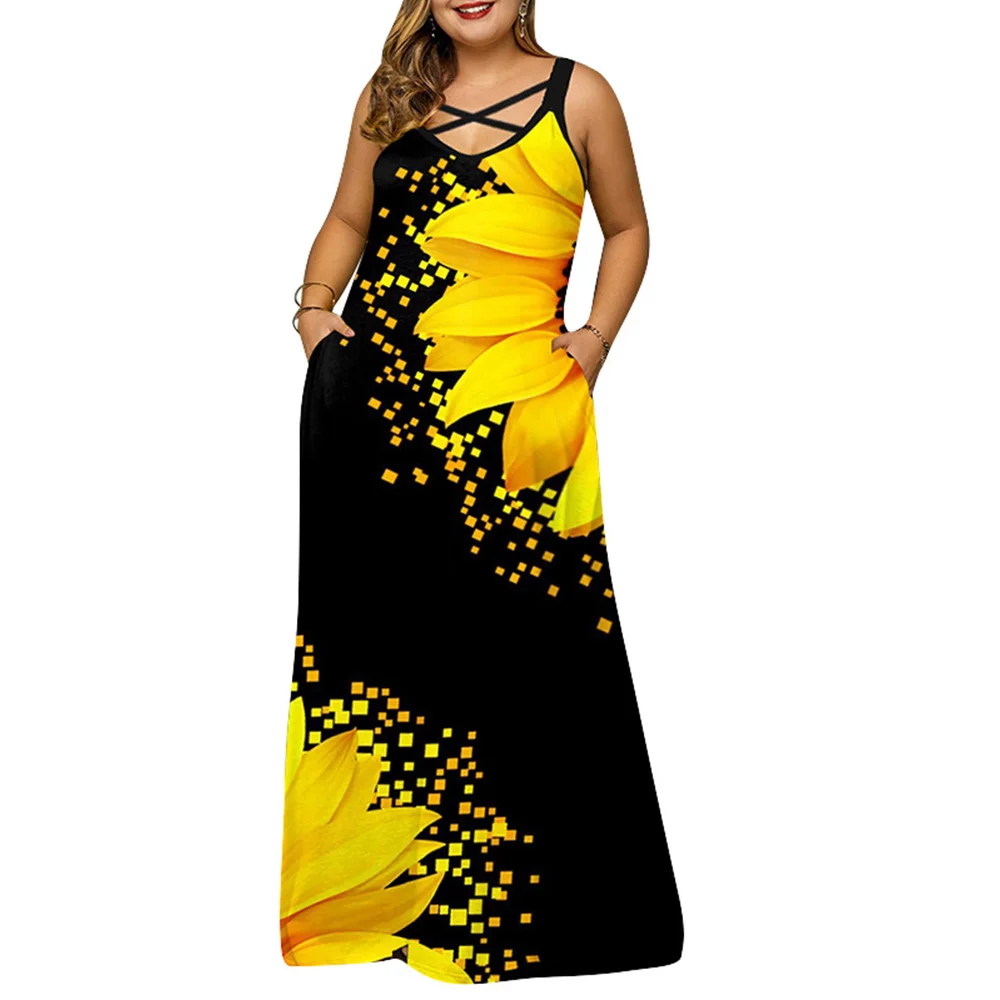 

Summer Bohemian Maxi Dress 2021 Robe Plus Sizes Woman Sleeveless Hollow Out V-Neck Beach Loose Long Dress L-5XL Sundress D30