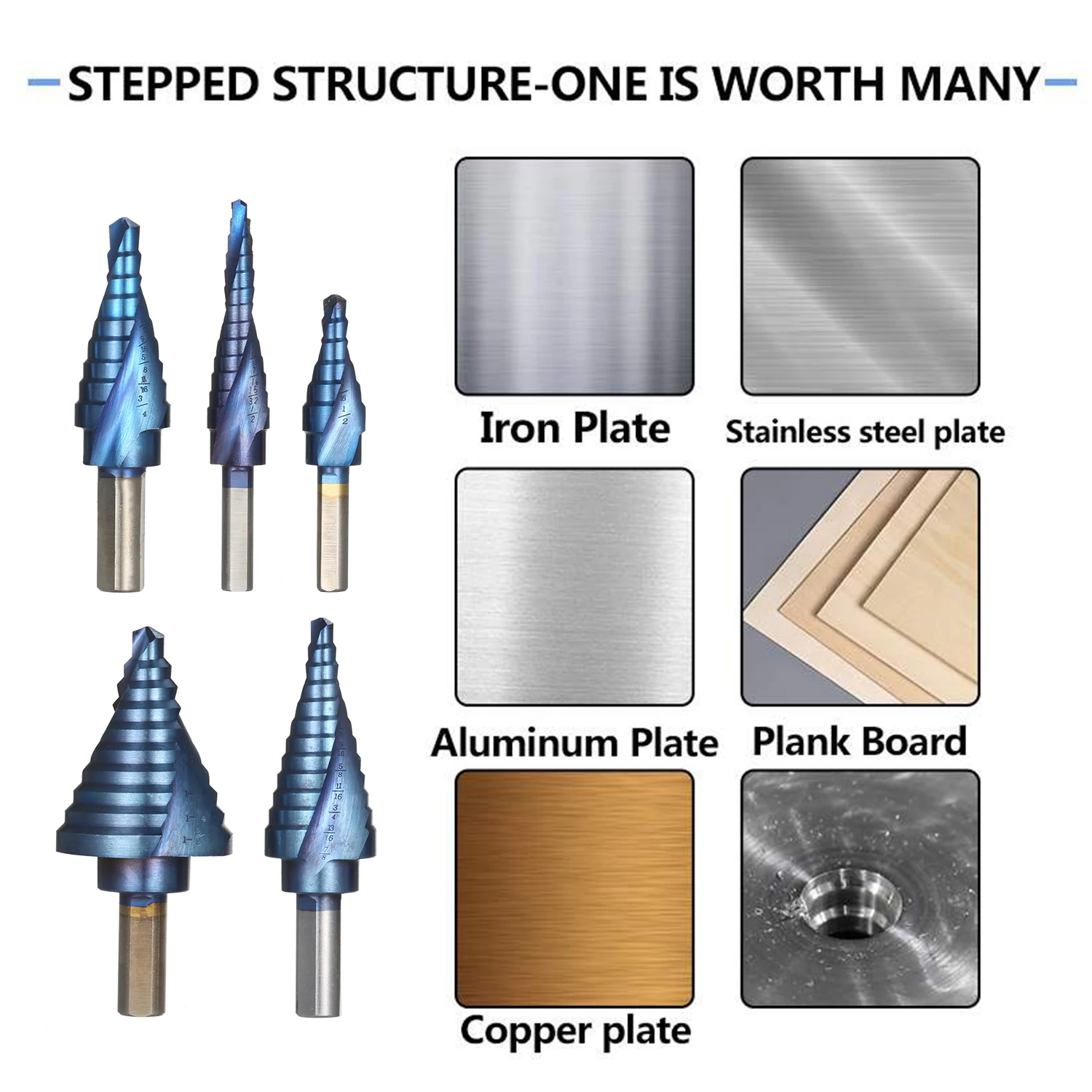 

KKmoon 5pcs Step Drill Spiral Groove Triangular Shank Stepped Drill Set Multi Diameter Drill Bits for Sheet Metal Steel Drilling