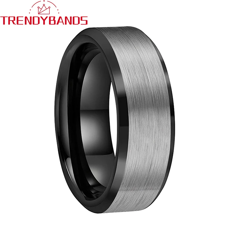 

8mm Men Women Black Fashion Ring Tungsten Carbide Wedding Band Beveled Brushed Finish Comfort Fit