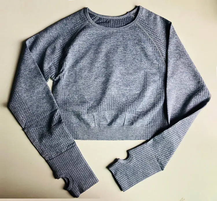 dark grey Женские топы для фитнеса, спортивный короткий топ, куртка для бега, спортивная одежда, бесшовная спортивная одежда с длинным рукавом, куртка для йоги, женские рубашки для тренировок - Цвет: dark grey