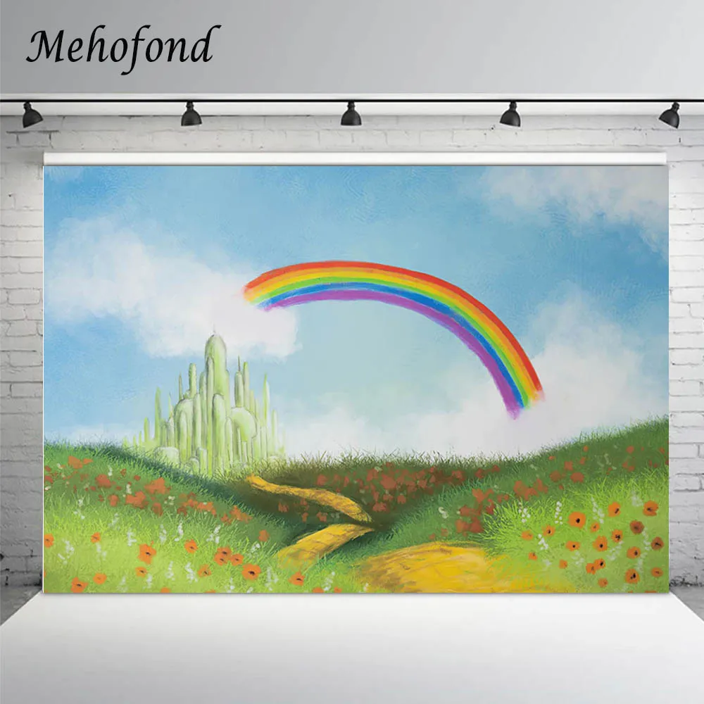 

Mehofond Photography Background Sky Clouds Rainbow Castle Grassland Flower Newborn Birthday Portrait Backdrop Photo Studio Props
