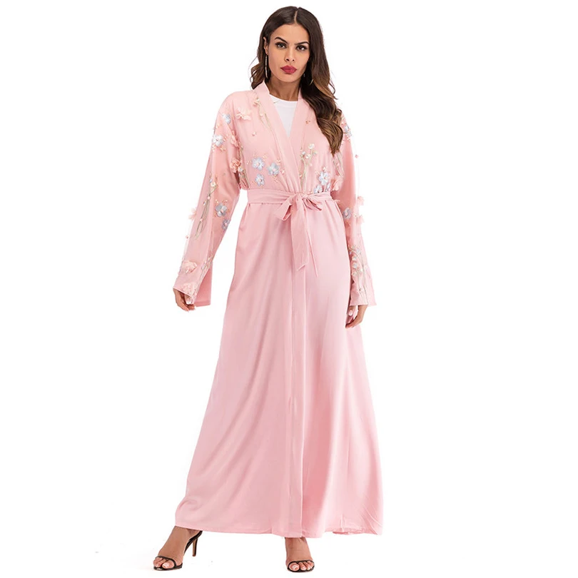 Мусульманская вышивка Абая 3D Цветочный Макси платье кардиган длинные халаты