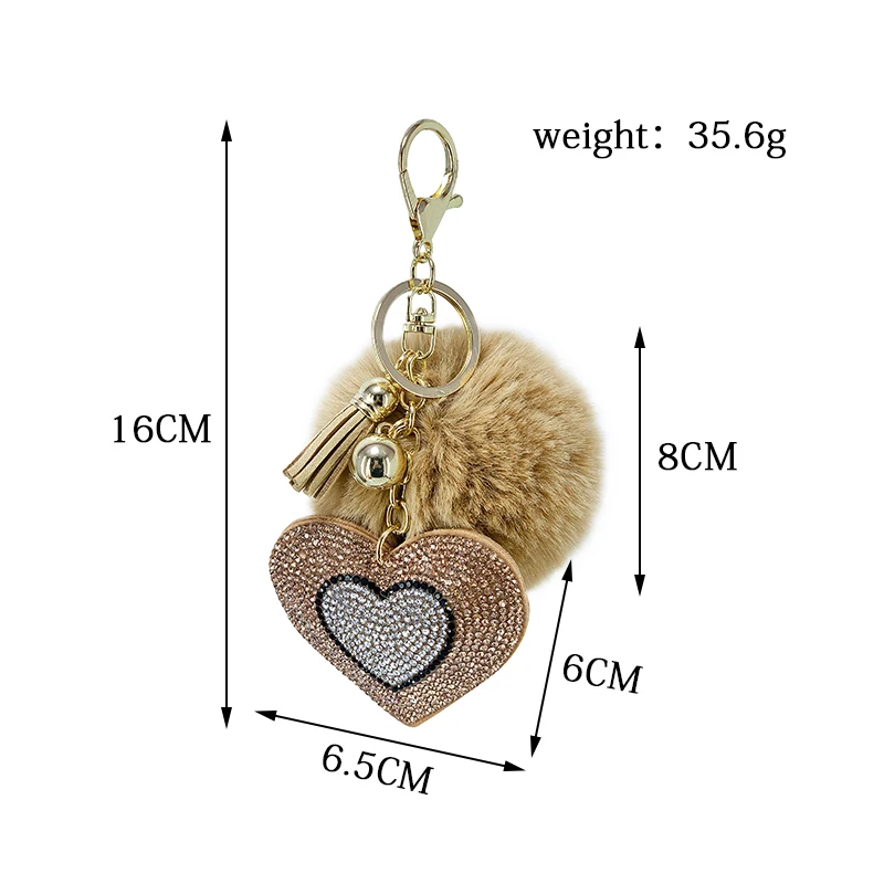

Pompom Keychain Rhinestone Heart Women's Bags Key Ring Handmade Accrssories Keychains Pendants Charming Suspension Decoration
