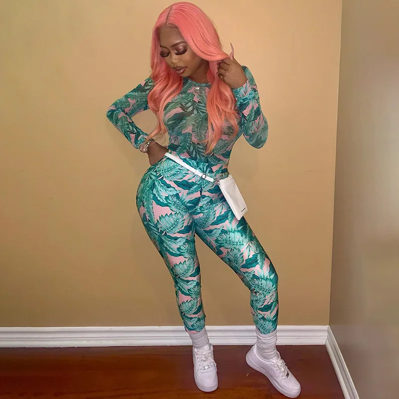 

Echoine Mesh Aesthetic Print Bodysuit and Legging Pants Set Two Piece set Club Outfits Women Streetwear Skinny Jumpsuit Hot