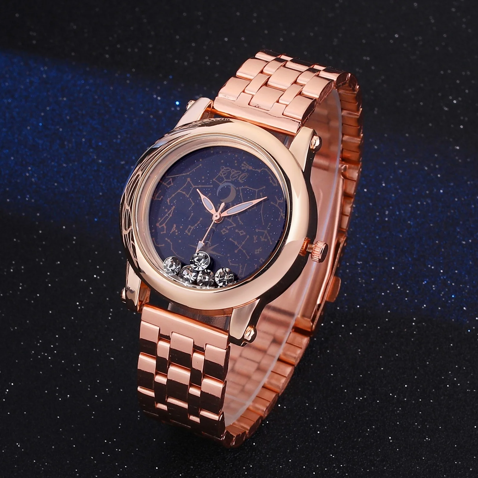 Часы женские кварцевые под розовое золото с браслетом из нержавеющей