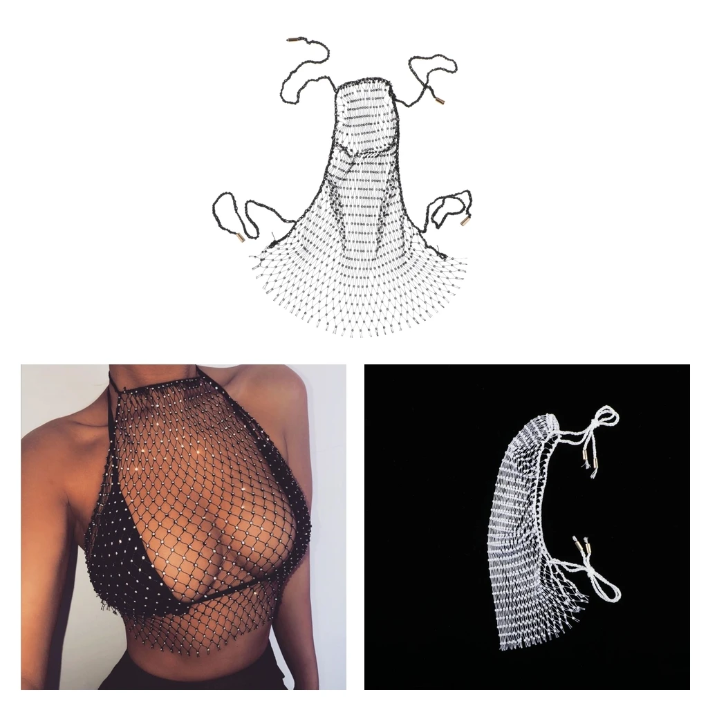 

Lady Fishnet Bustier Top Rhinestone Mesh Crops Tops Shirt Cover Up Top