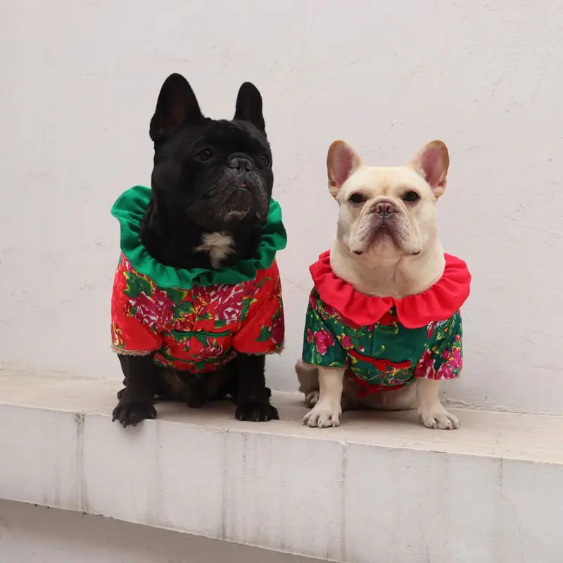 

Dog Clothes New Northeast Flower Festive New Year Pet Tang Suit Method Fighting Pug Plus Velvet Thick Small Dog Winter Clothes