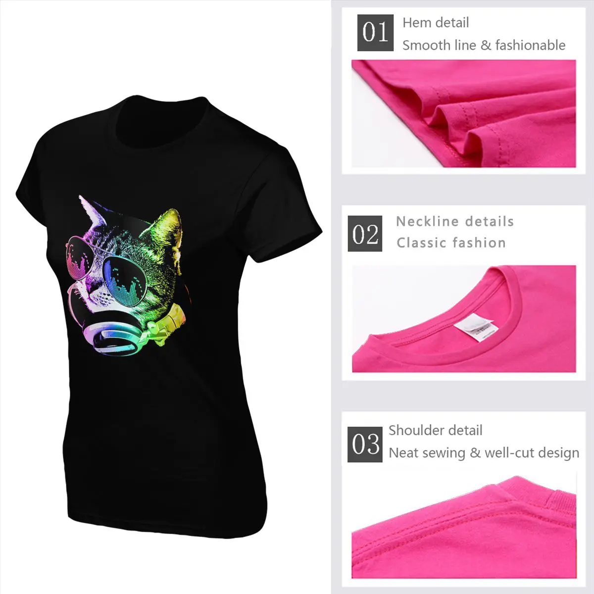 

Cute Cat Prints Women's T-shirts High Quality Cotton T Shirts Female Clothing Black Top Tee Workout Street Suits Clothes Summer