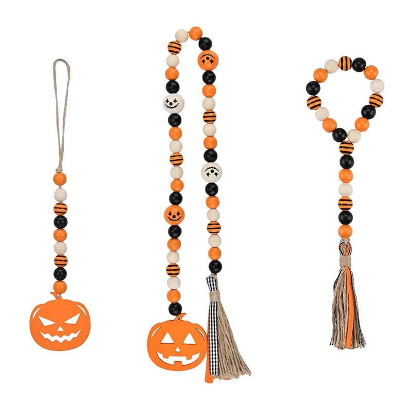 

3 Pcs Wood Bead Garland with Tassels Pumpkin Rustic Farmhouse Hanging Ornament for Halloween Wall Hanging Decor