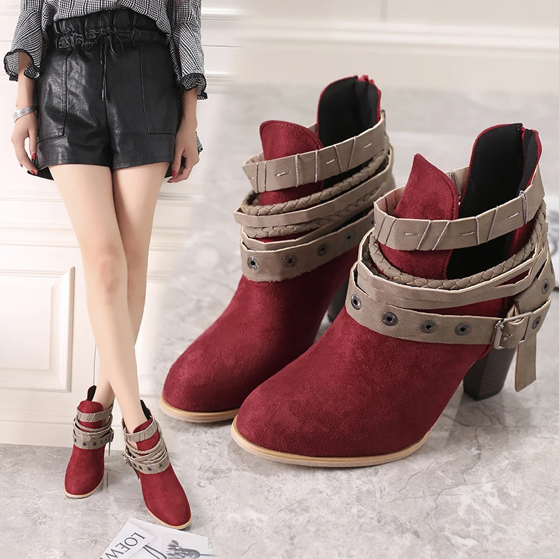 Женские ботильоны на высоком массивном каблуке Туфли лодочки с острым носком