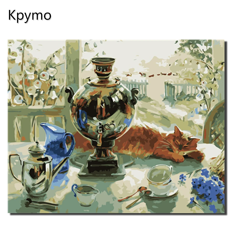 Kpymo Pinting по номеру цифровая картина котенок и русский самовар украшение семьи
