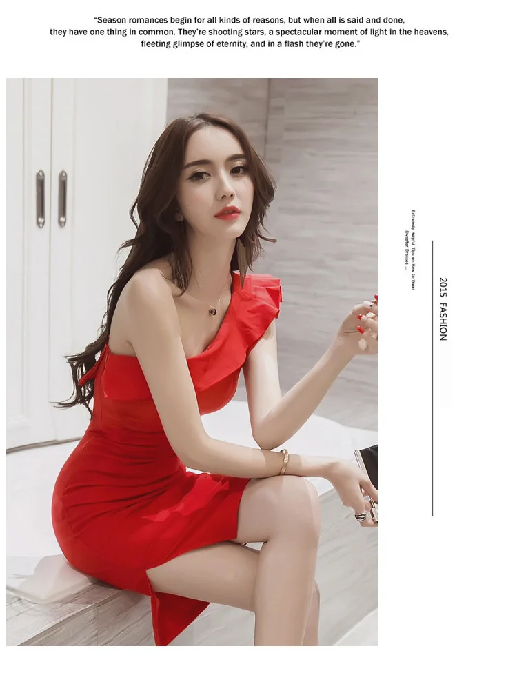 Ladies Sleevelss Sheath Ruffle Wrap Black Mini Dress Women Sexy Dinner Dresses for Women Red One-Shoulder Evening Party Dress