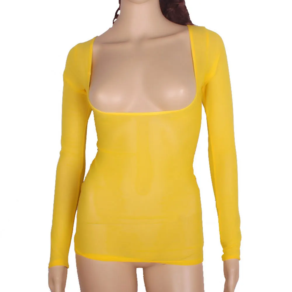 

Sexy Sheer Mesh T-shirt See Through Low-Cut Long Sleeve Tops Large U-neck Indian Belly Dancer Exotic Base Shirt Fetish FX23