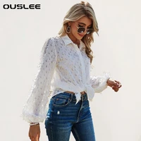 ouslee hollow out blouse shirt women casual lantern sleeves blouses top female turtleneck collar loose office ladies tops shirts