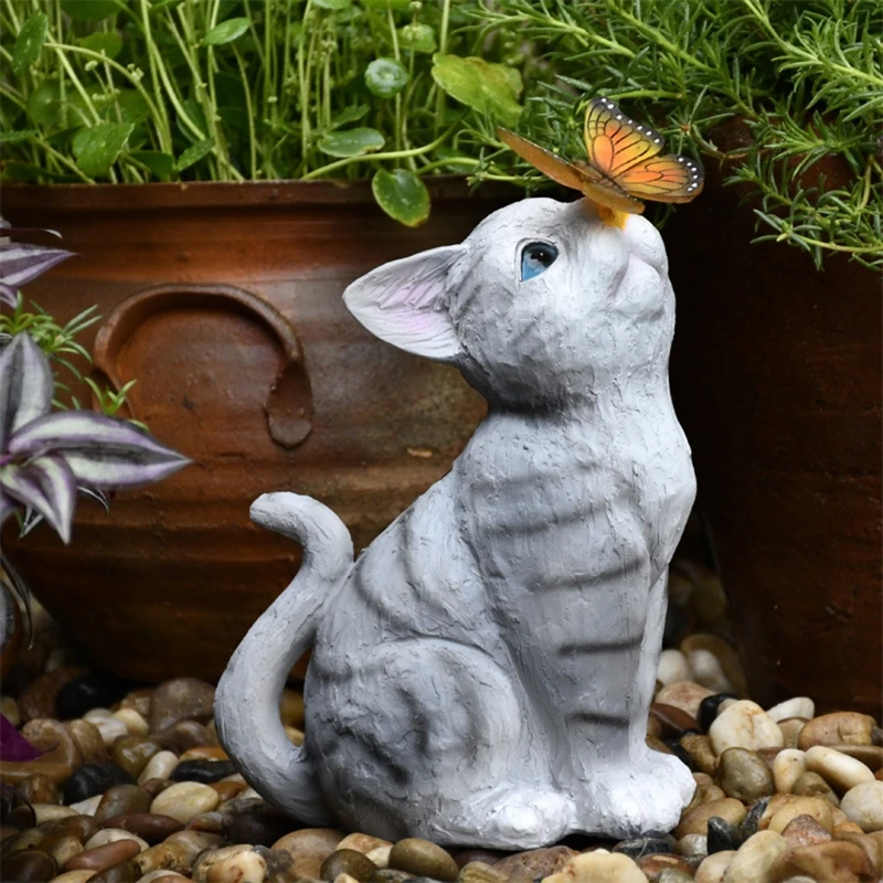 

Creative Resin Cat Statue Sculpture Ornaments with Solar Light Animal Sculptures Garden Micro Landscape Decoration H051