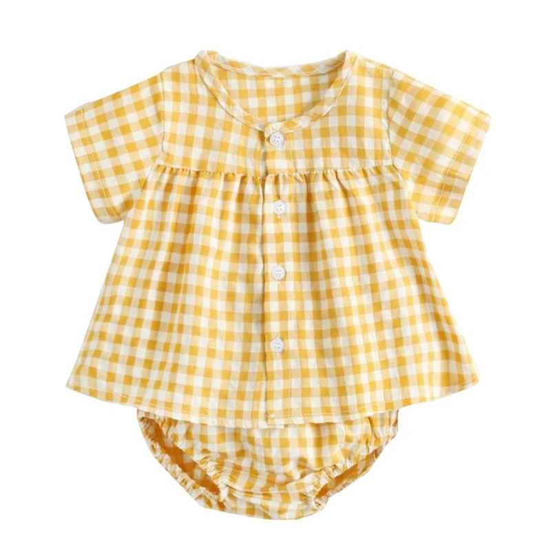 

Plaid Shirt Baby Cardigan Short Sleeve Tops + Briefs Shorts Two-pieces Suit Shir Q1FE