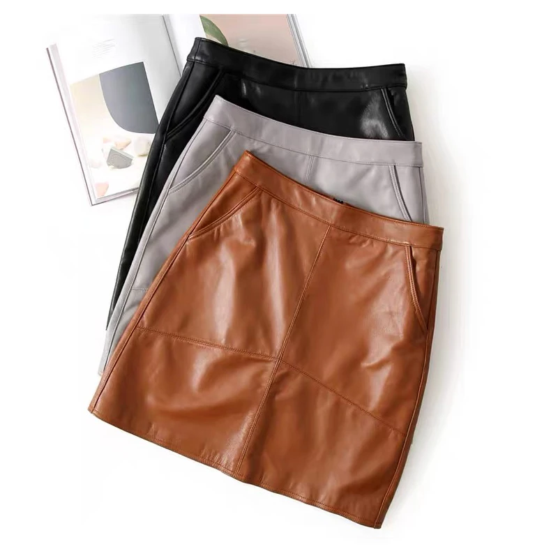 Женская мини юбка с высокой талией трапециевидная из натуральной овечьей кожи в