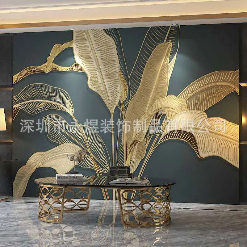 Большая роспись в американском стиле золотые обои виде банановых листьев темный