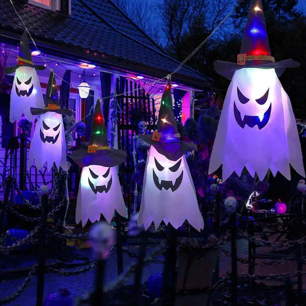 

5PCS Glowing Halloween Unique Witch Hat LED Lighted Scary Glowing Ghost Hat Lights Hanging Pendant Garden Home Halloween Decor