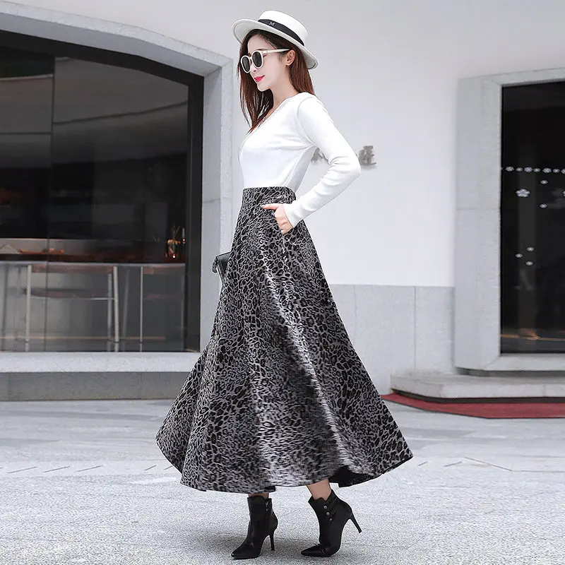 

Fashion High Waist Pocket Leopard Skirt Women Lined Comfortable Velvet Thickened Skirt High Waist Leopard Skirt Woman Gray Brown