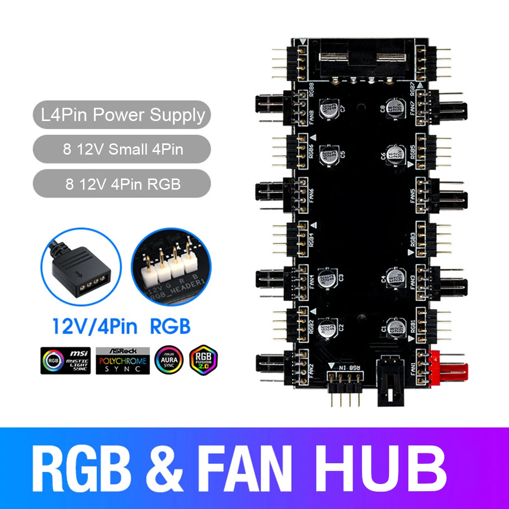 

1 To 8 Way RGB PWM Fan HUB 5V 3PIN/12V 4PIN PWM Cooler Fan HUB Splitter SATA/4D Power Supply LED Strip Light Adapter Controller