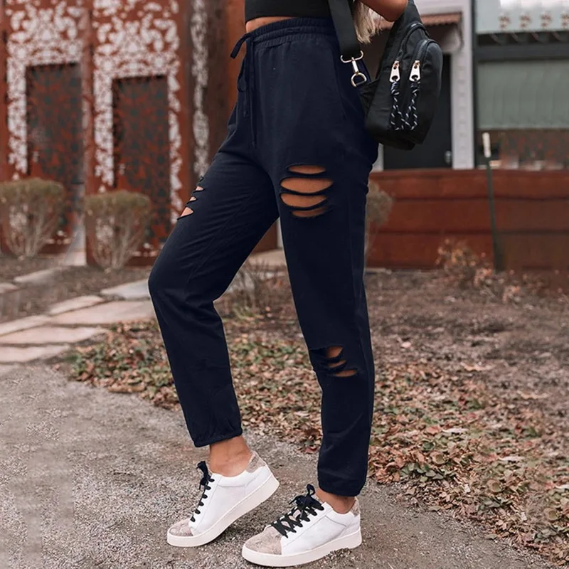 

SHUJIN Baggy Straight Pants Women Casual Streetwear Loose Outfits Hole High Waisted Hip Hop Summer Joggers Pockets Sweatpants
