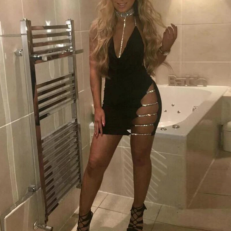 

Crystal Sequin Party Dress Sexy Night Club Wear Backless Halter Summer Dress Bandage Bodycon Ladies Mini Dresses Vestido