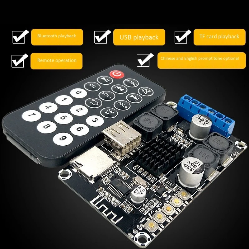 

100W Bluetooth Power Amplifier Board TPA3116 Amplifier Integrated IR Controller Bluetooth U Disk/TF Card Playback 12-24V
